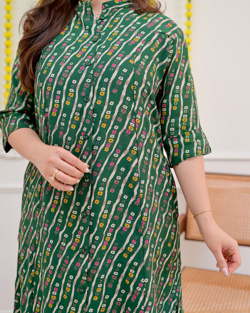 Bottle Green Bandhani Cotton Silk Kurta Palazzo Set