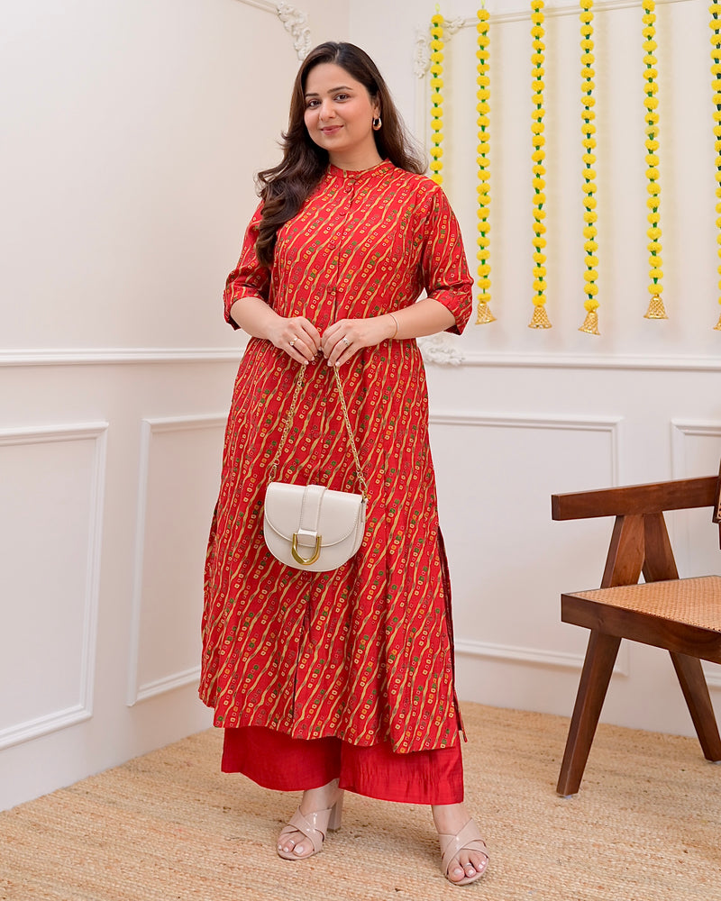 Red Bandhani Cotton Silk Kurta Palazzo Set