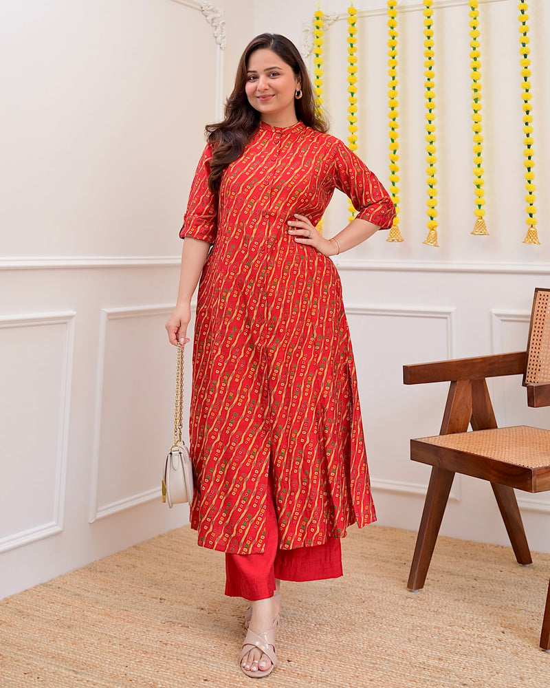 Red Bandhani Cotton Silk Kurta Palazzo Set