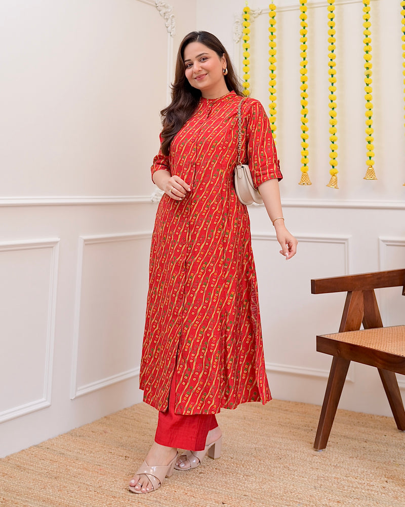 Red Bandhani Cotton Silk Kurta Palazzo Set
