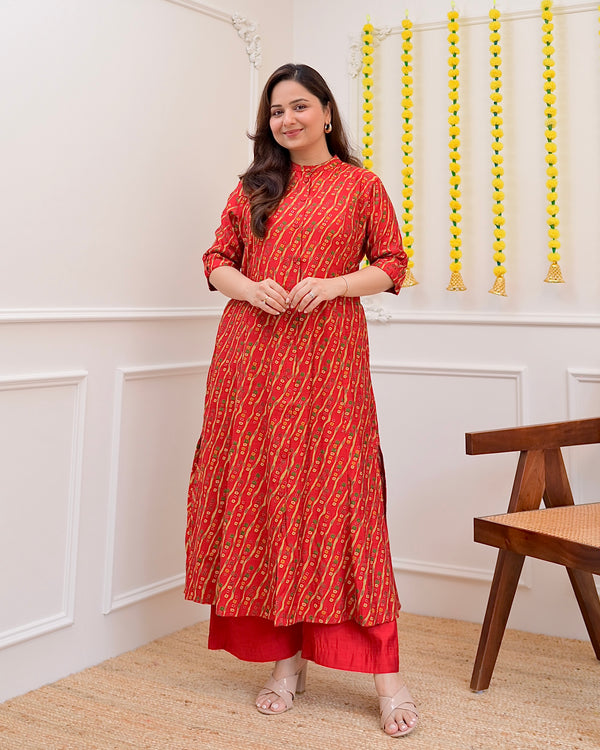 Red Bandhani Cotton Silk Kurta Palazzo Set