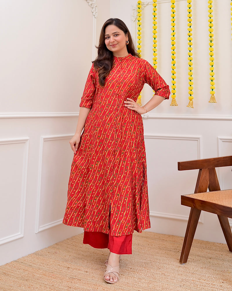 Red Bandhani Cotton Silk Kurta Palazzo Set