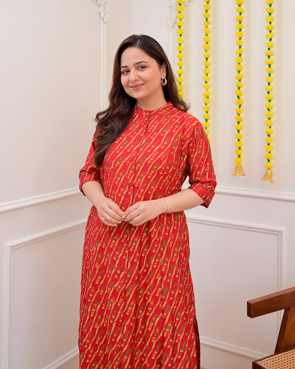 Red Bandhani Cotton Silk Kurta Palazzo Set