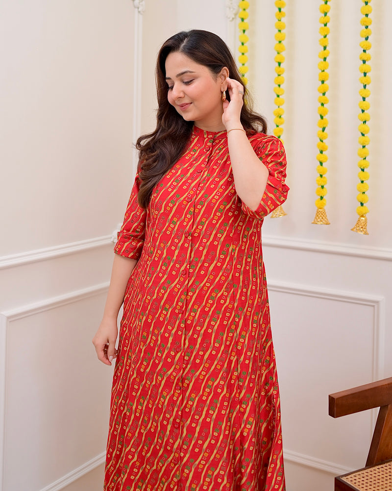 Red Bandhani Cotton Silk Kurta Palazzo Set