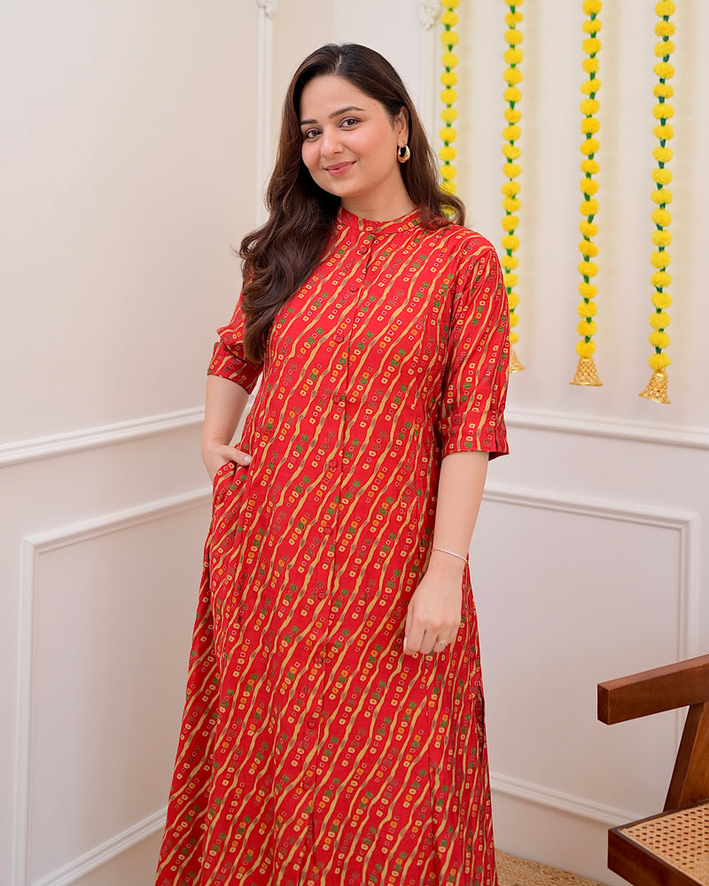 Red Bandhani Cotton Silk Kurta Palazzo Set