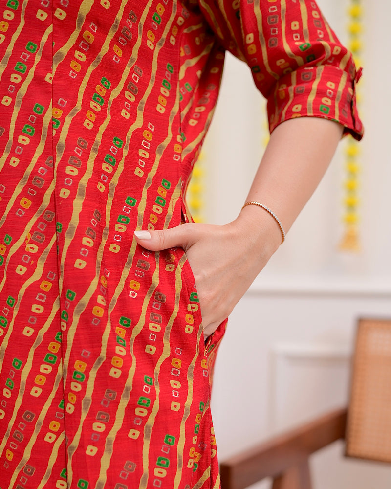 Red Bandhani Cotton Silk Kurta Palazzo Set