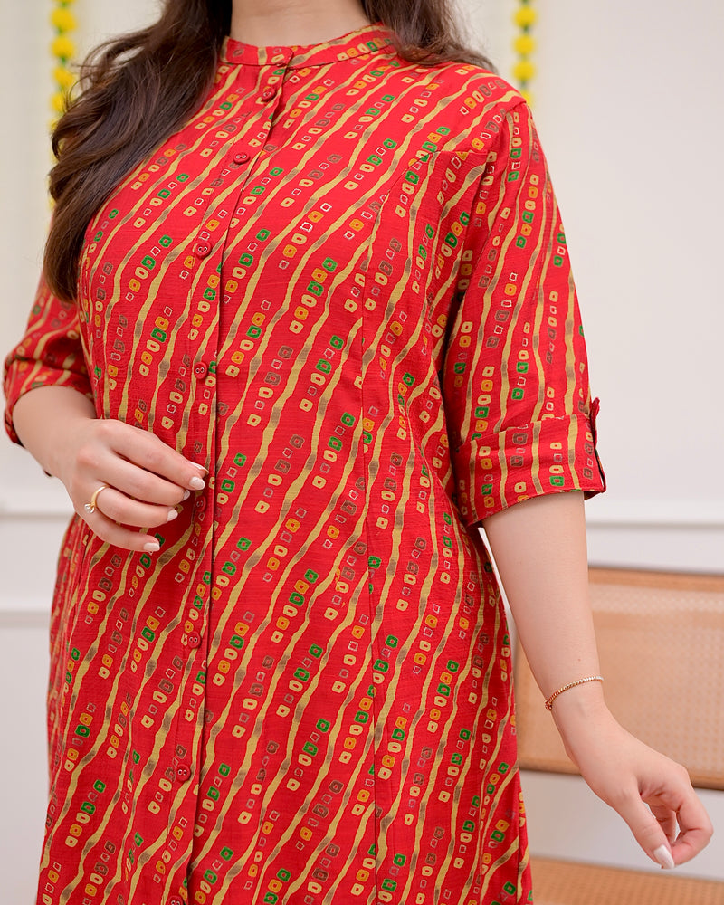 Red Bandhani Cotton Silk Kurta Palazzo Set