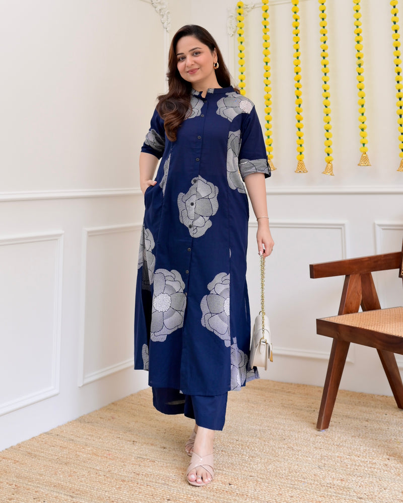 Blue Flora Cotton Kurta Palazzo Set