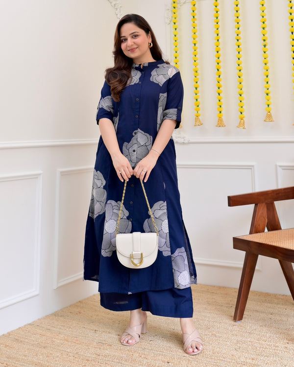 Blue Flora Cotton Kurta Palazzo Set