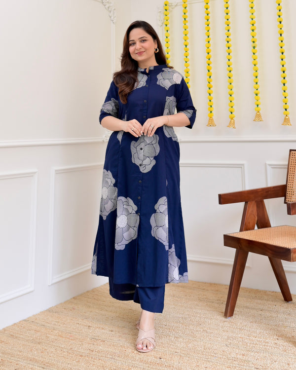 Blue Flora Cotton Kurta Palazzo Set
