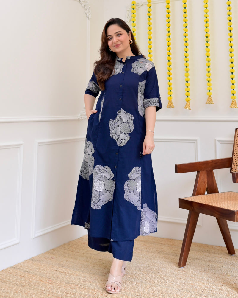 Blue Flora Cotton Kurta Palazzo Set