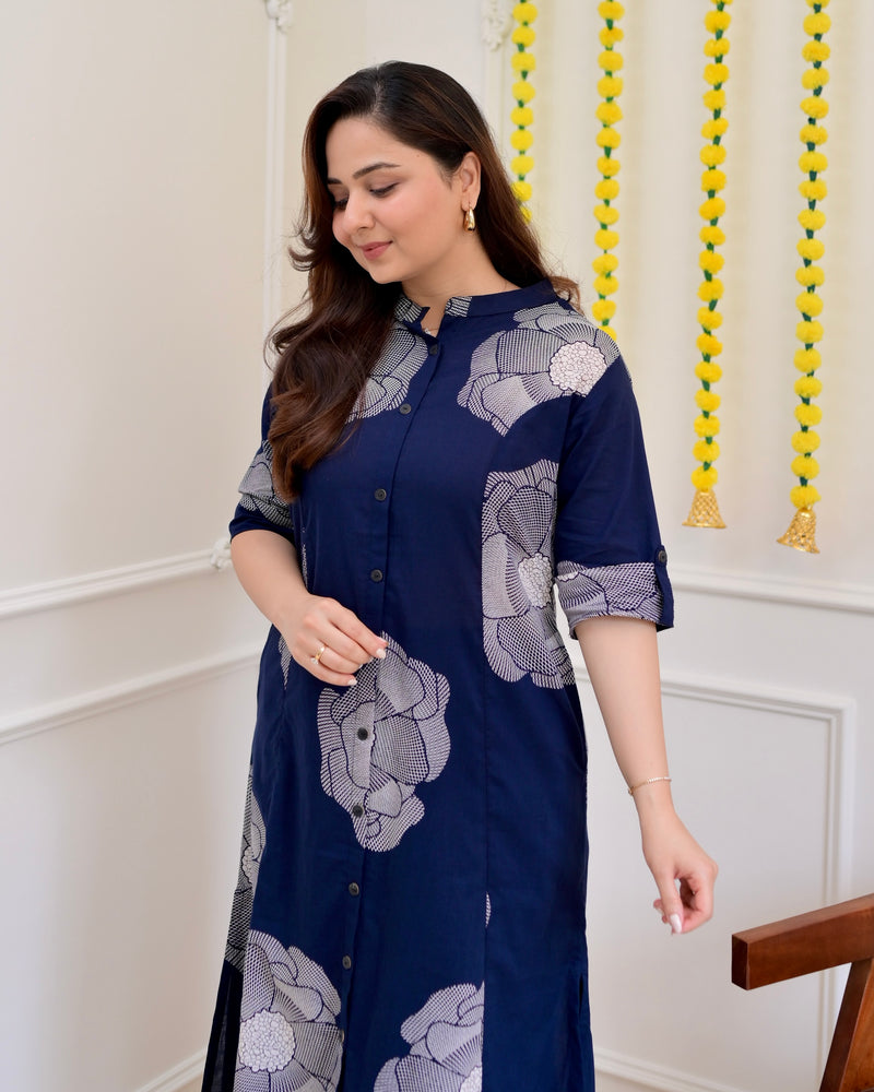 Blue Flora Cotton Kurta Palazzo Set