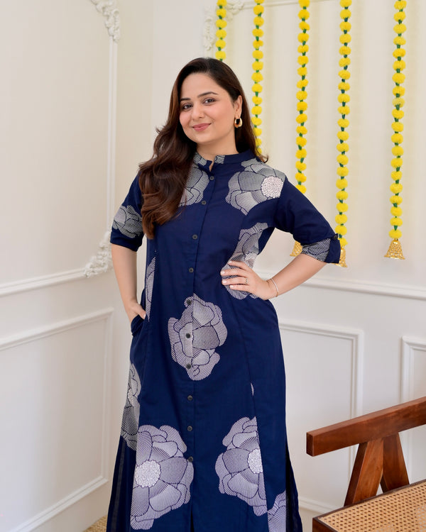 Blue Flora Cotton Kurta Palazzo Set