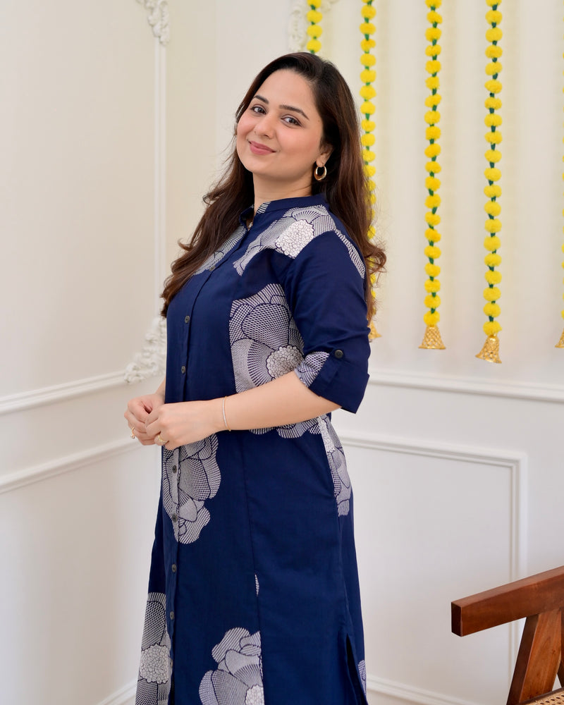 Blue Flora Cotton Kurta Palazzo Set