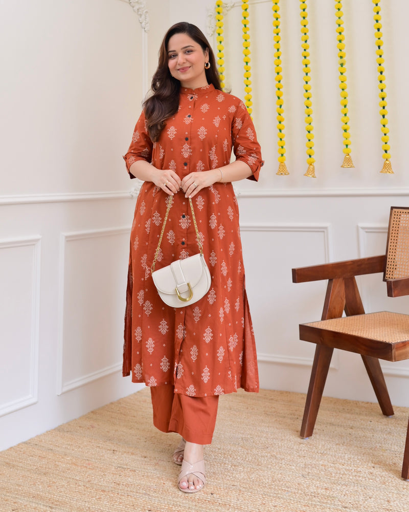 Rust Petals Cotton Kurta Palazzo Set