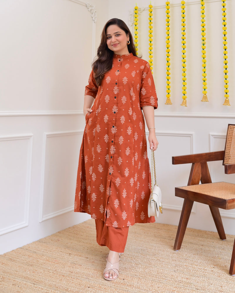 Rust Petals Cotton Kurta Palazzo Set