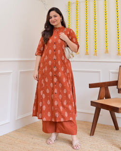 Rust Petals Cotton Kurta Palazzo Set