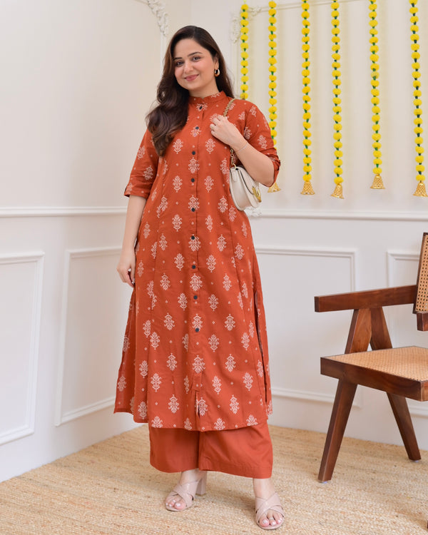 Rust Petals Cotton Kurta Palazzo Set