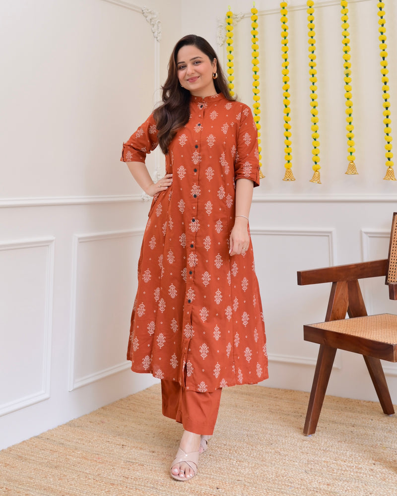Rust Petals Cotton Kurta Palazzo Set