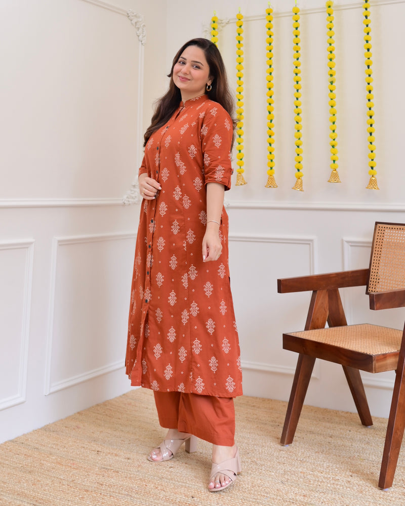 Rust Petals Cotton Kurta Palazzo Set