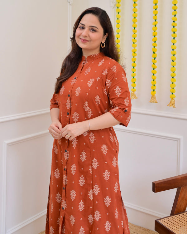 Rust Petals Cotton Kurta Palazzo Set