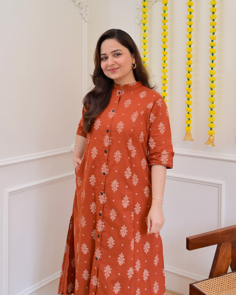 Rust Petals Cotton Kurta Palazzo Set