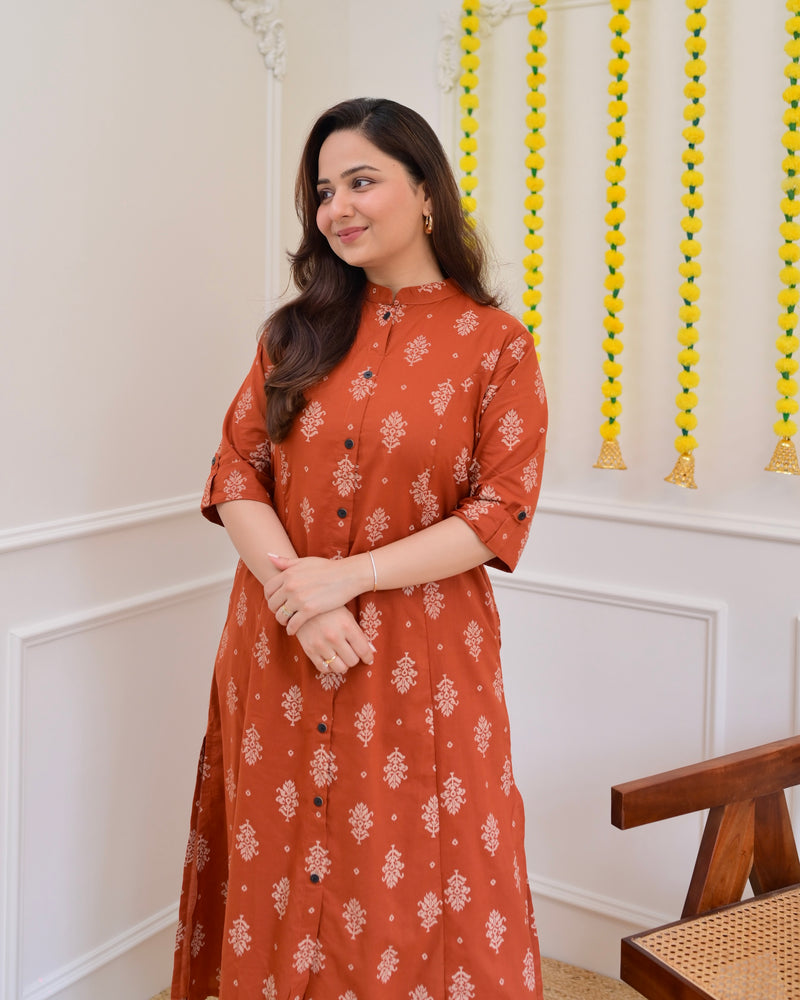 Rust Petals Cotton Kurta Palazzo Set