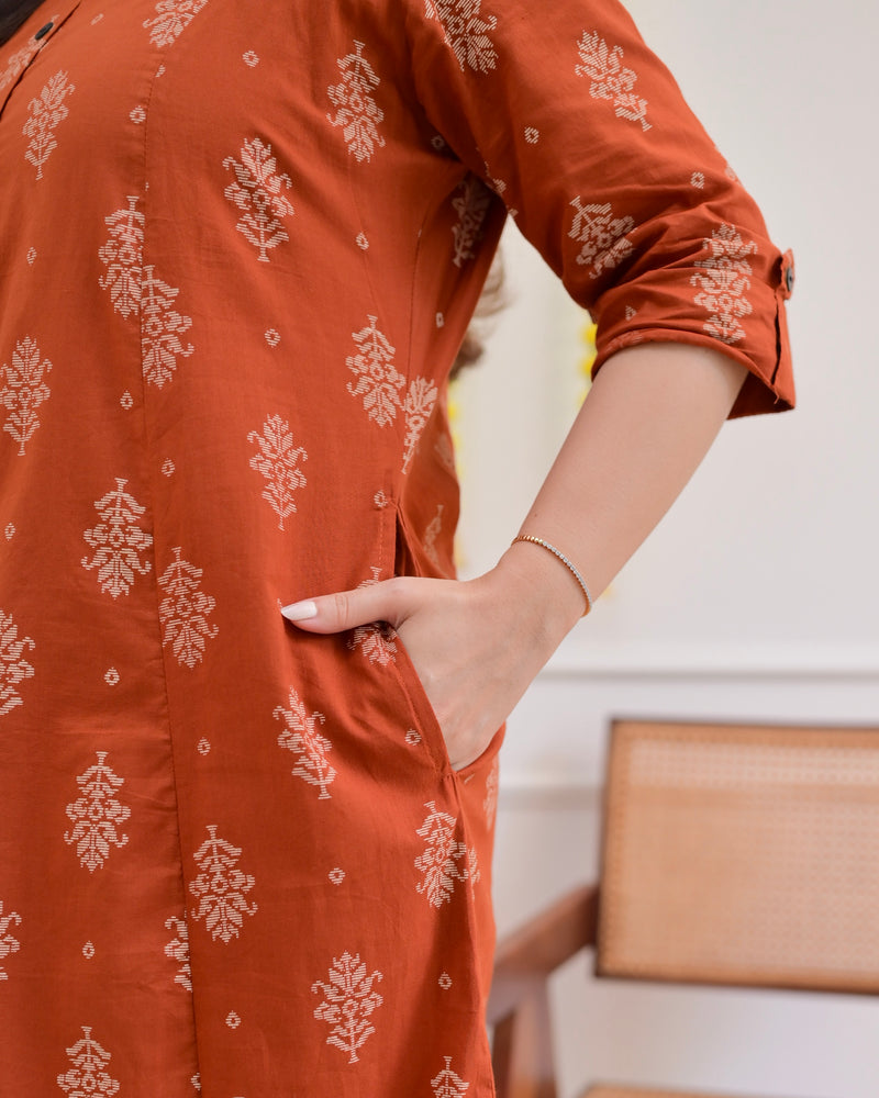 Rust Petals Cotton Kurta Palazzo Set