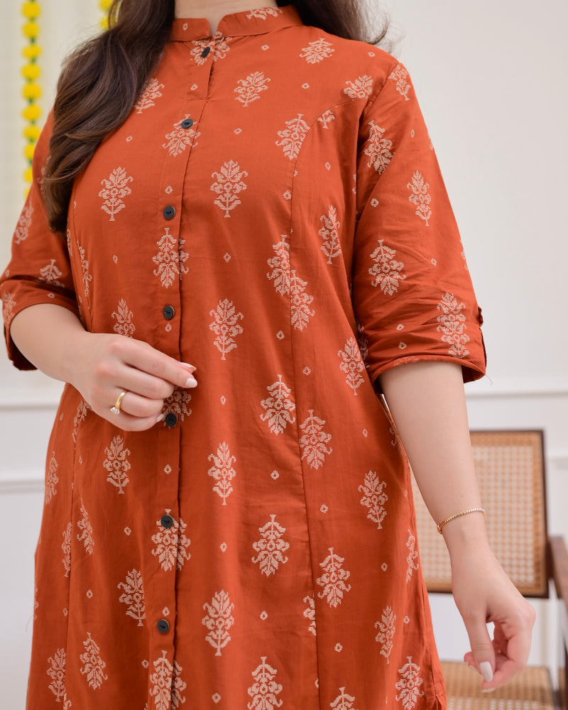 Rust Petals Cotton Kurta Palazzo Set