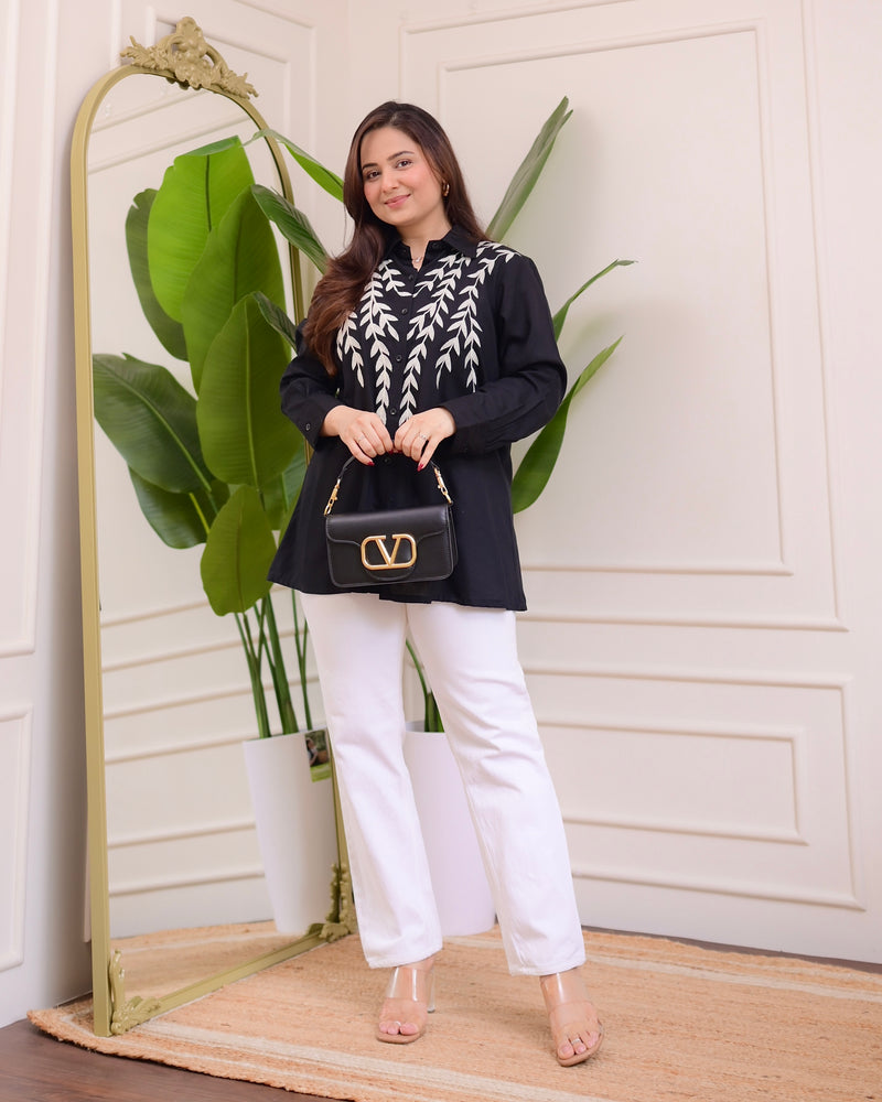 Black Leaf Threadwork Cotton Shirt