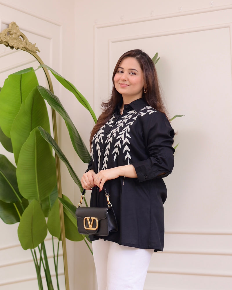Black Leaf Threadwork Cotton Shirt