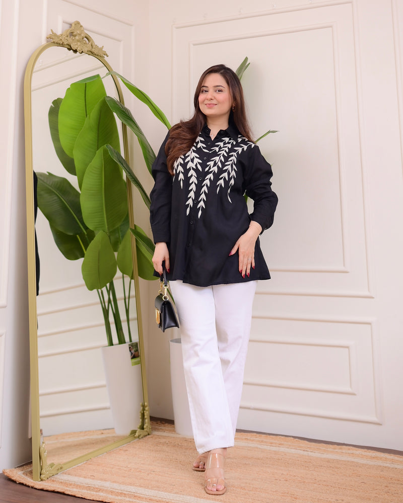 Black Leaf Threadwork Cotton Shirt