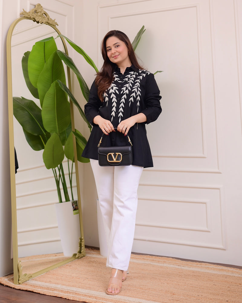 Black Leaf Threadwork Cotton Shirt