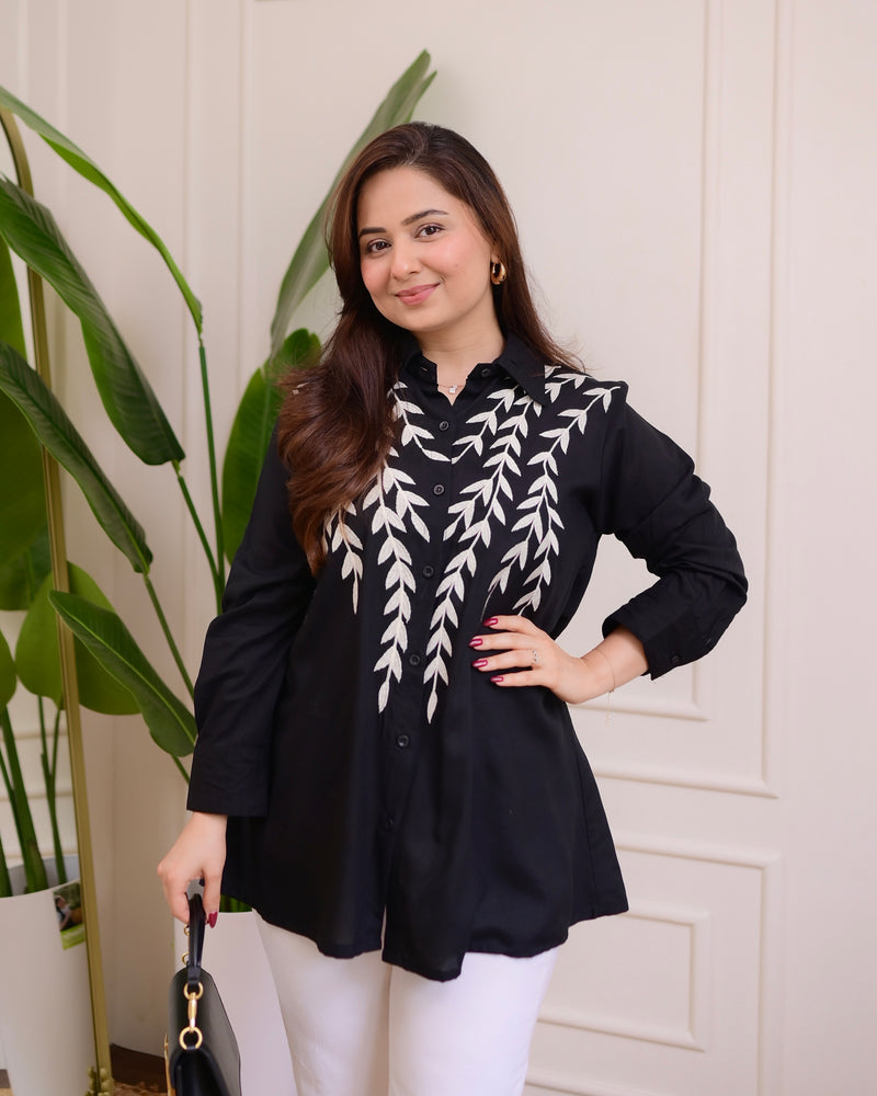 Black Leaf Threadwork Cotton Shirt