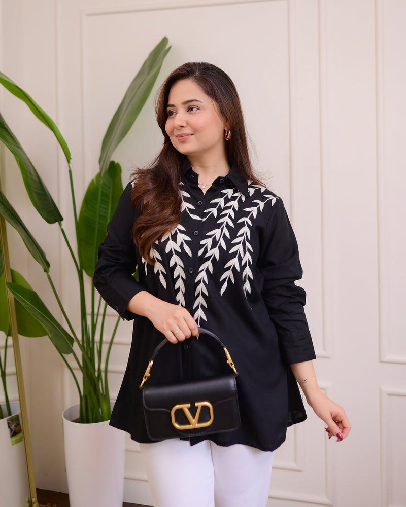 Black Leaf Threadwork Cotton Shirt