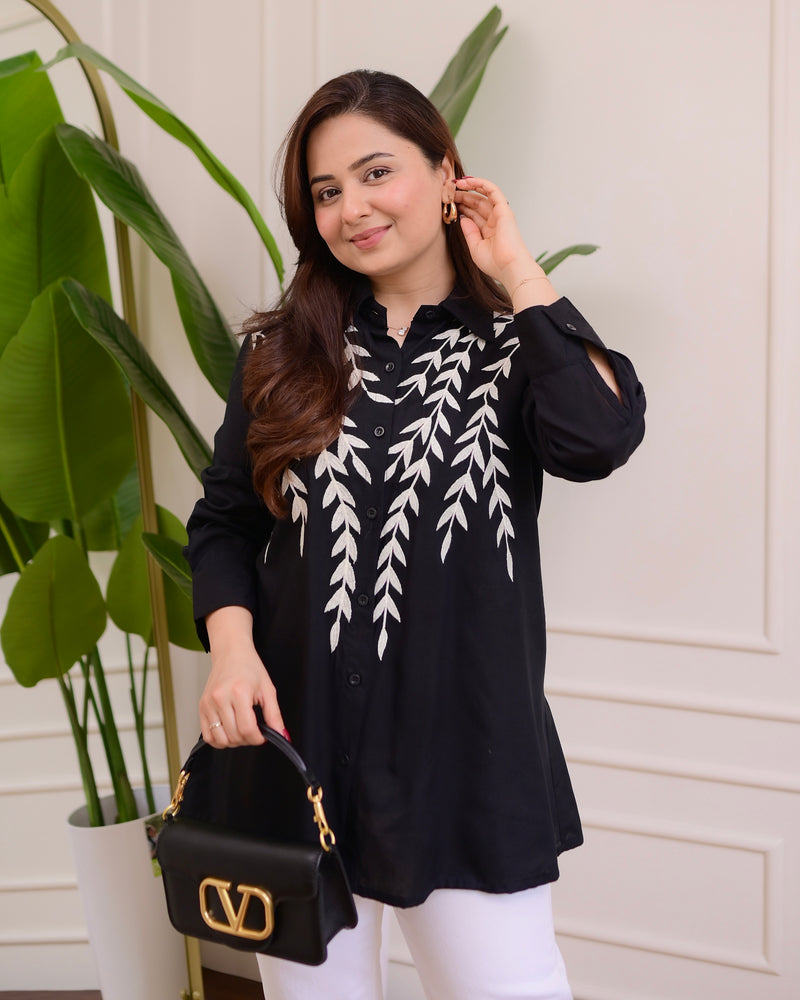 Black Leaf Threadwork Cotton Shirt