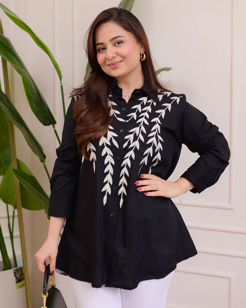 Black Leaf Threadwork Cotton Shirt