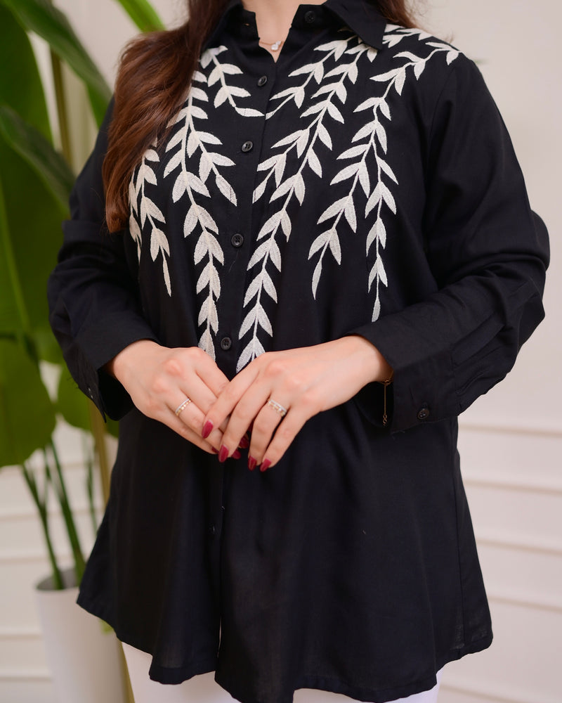Black Leaf Threadwork Cotton Shirt