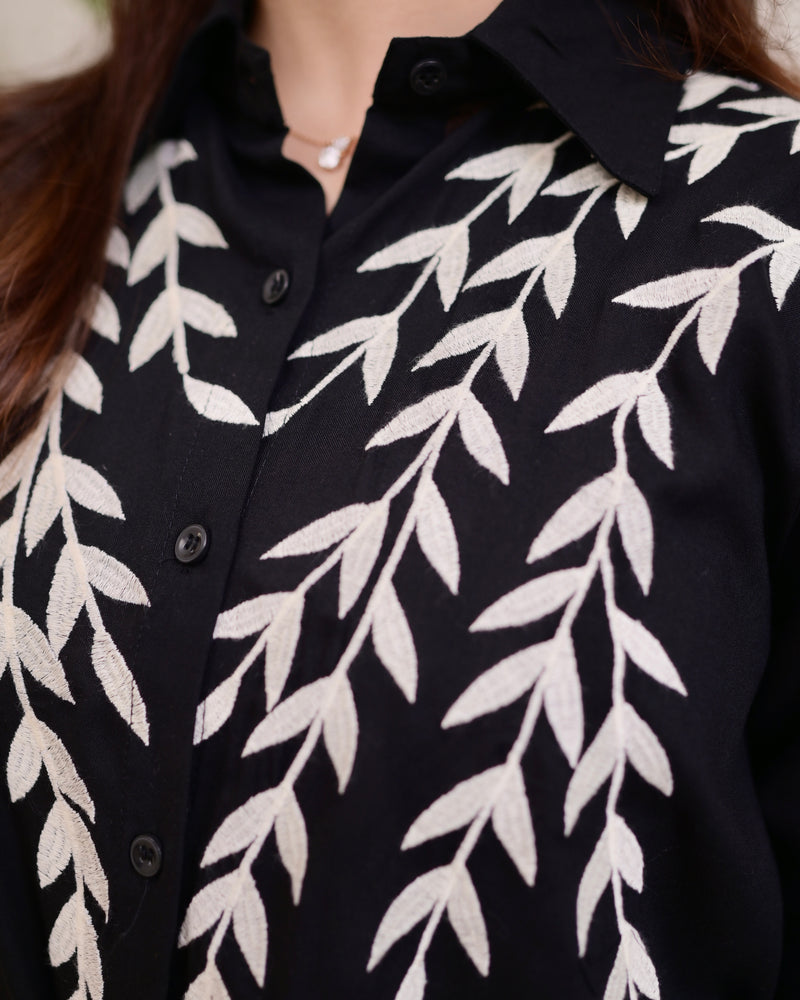 Black Leaf Threadwork Cotton Shirt
