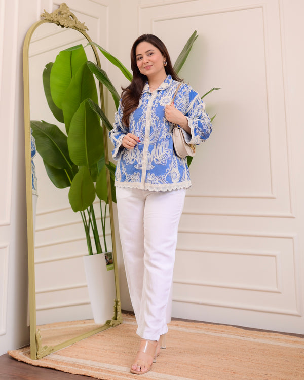 Blue Wildflower Embroidered Shirt