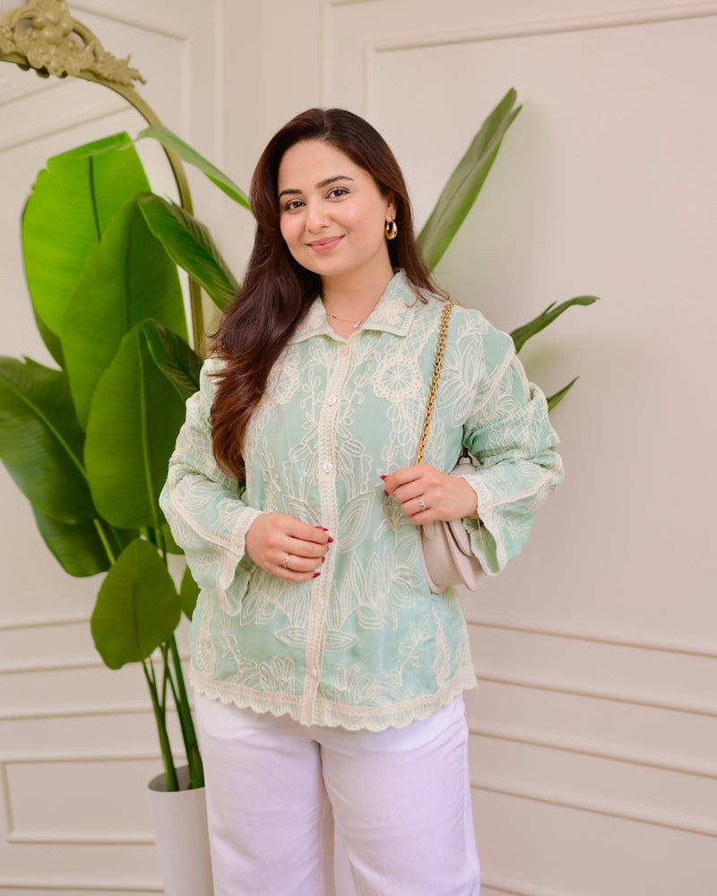 Minty Green Wildflower Embroidered Shirt