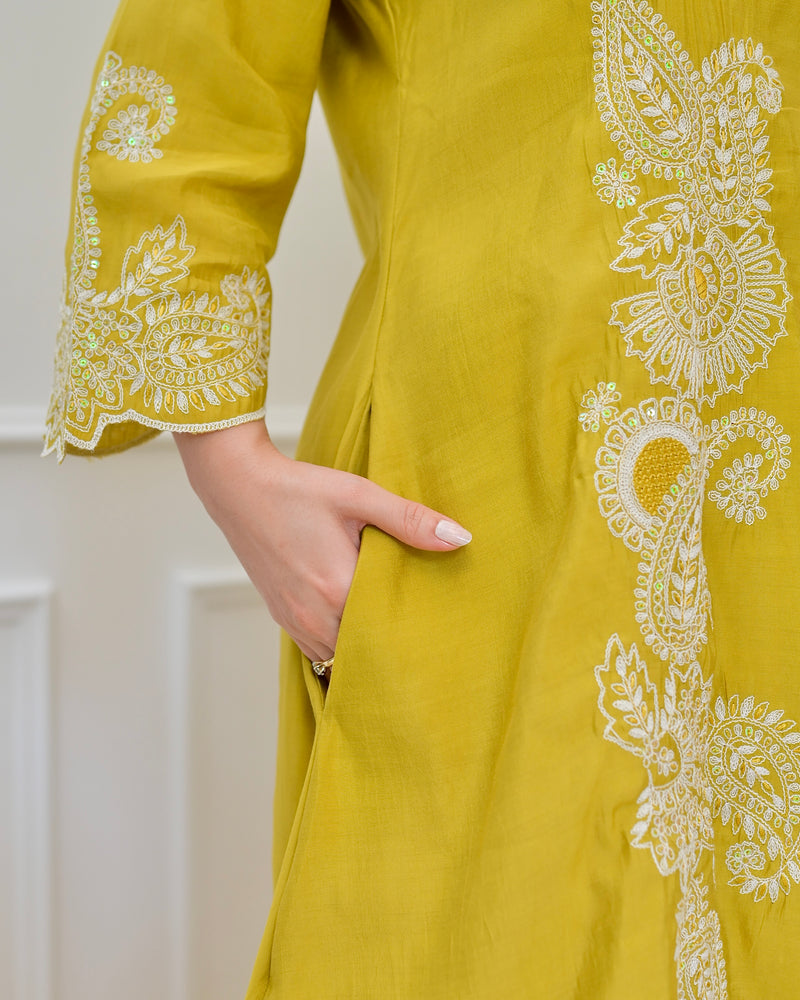 Yellow Muslin Silk Paisley Threadwork Festive Co-ord
