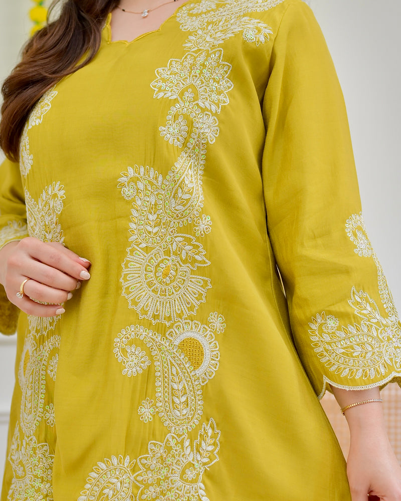 Yellow Muslin Silk Paisley Threadwork Festive Co-ord