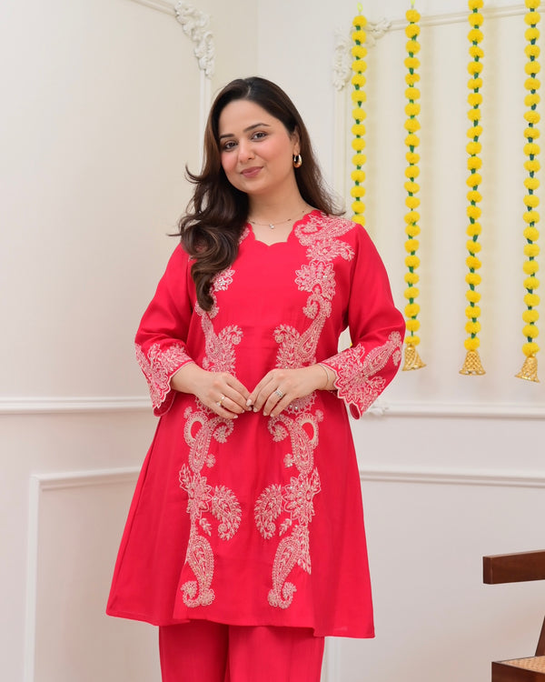 Pink Muslin Silk Paisley Threadwork Festive Co-ord
