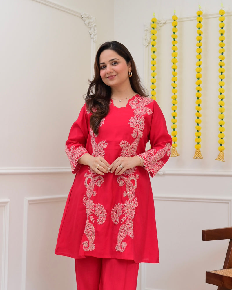 Pink Muslin Silk Paisley Threadwork Festive Co-ord