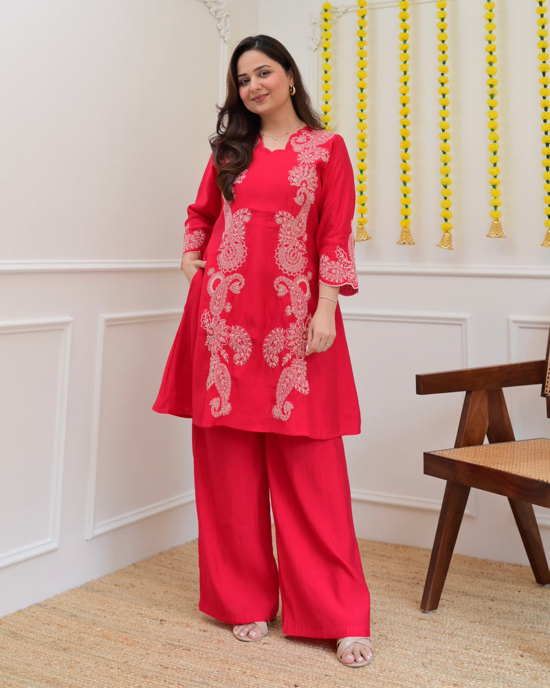 Pink Muslin Silk Paisley Threadwork Festive Co-ord