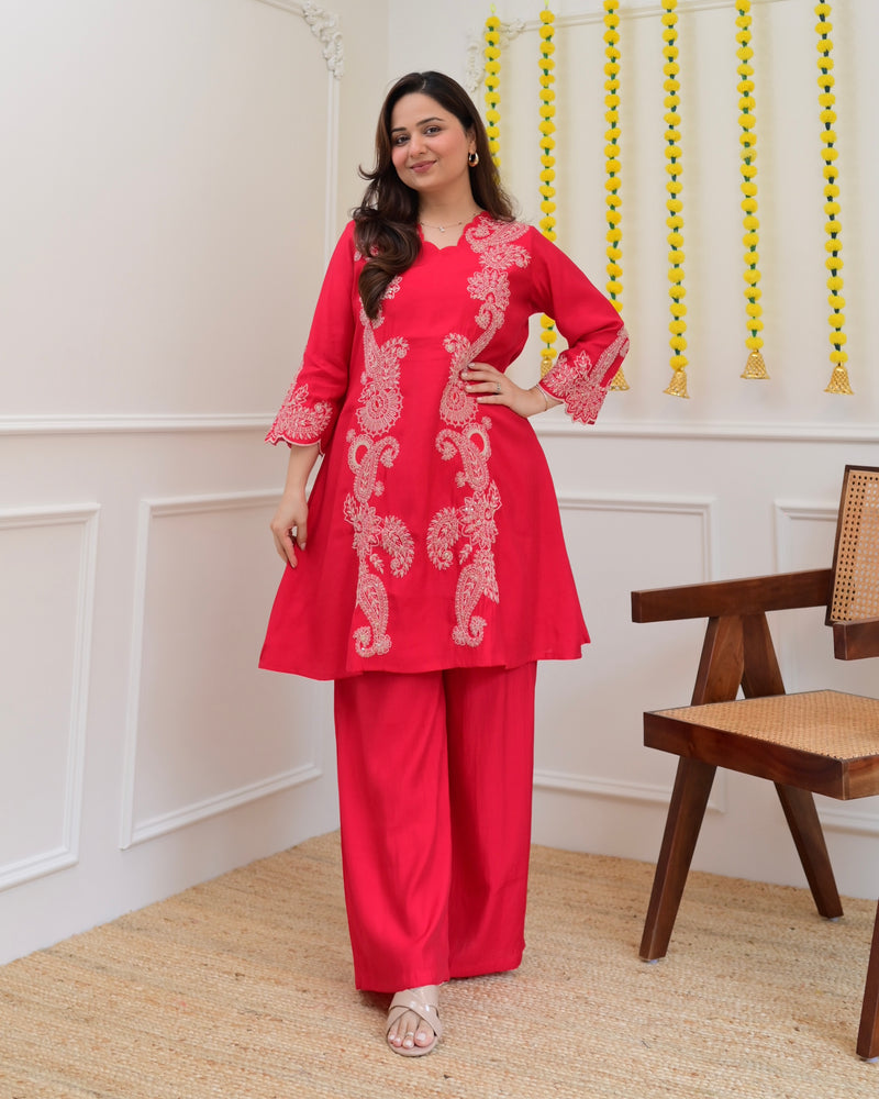 Pink Muslin Silk Paisley Threadwork Festive Co-ord