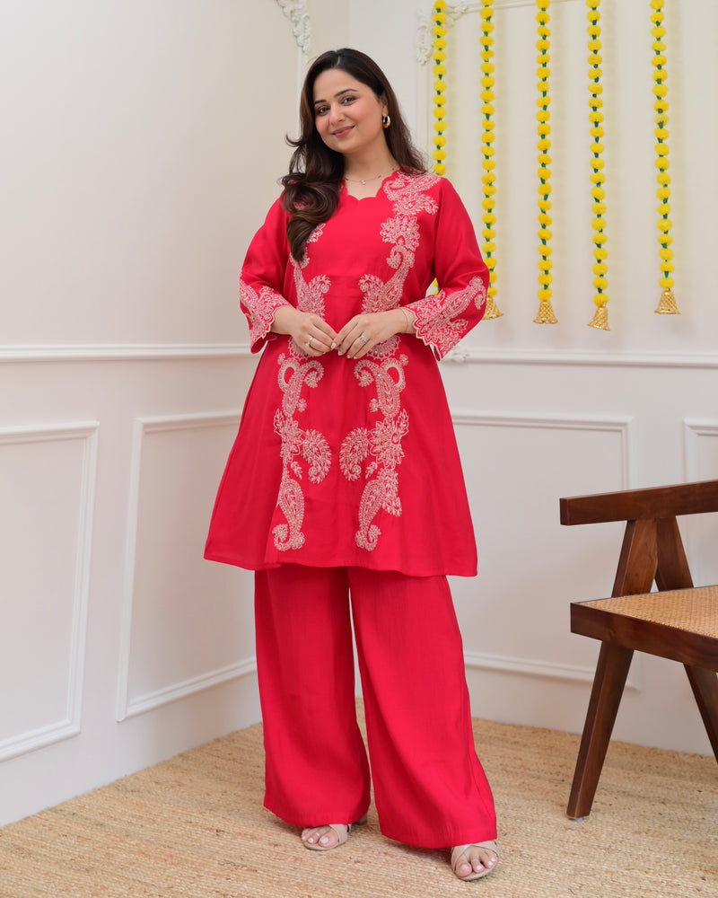 Pink Muslin Silk Paisley Threadwork Festive Co-ord