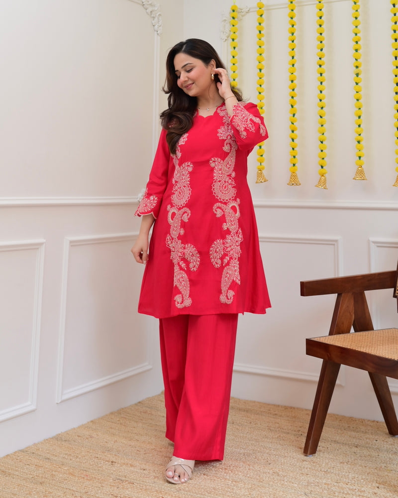 Pink Muslin Silk Paisley Threadwork Festive Co-ord