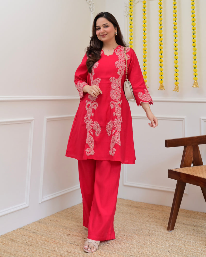Pink Muslin Silk Paisley Threadwork Festive Co-ord
